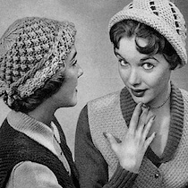 environment: stitch 'n bitch graphic: 1950s magazine cover, photo of one woman whispering to another woman, both are wearing knitted caps