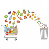 environment: food waste graphic: groceries in shopping cart pouring into a garbage bin