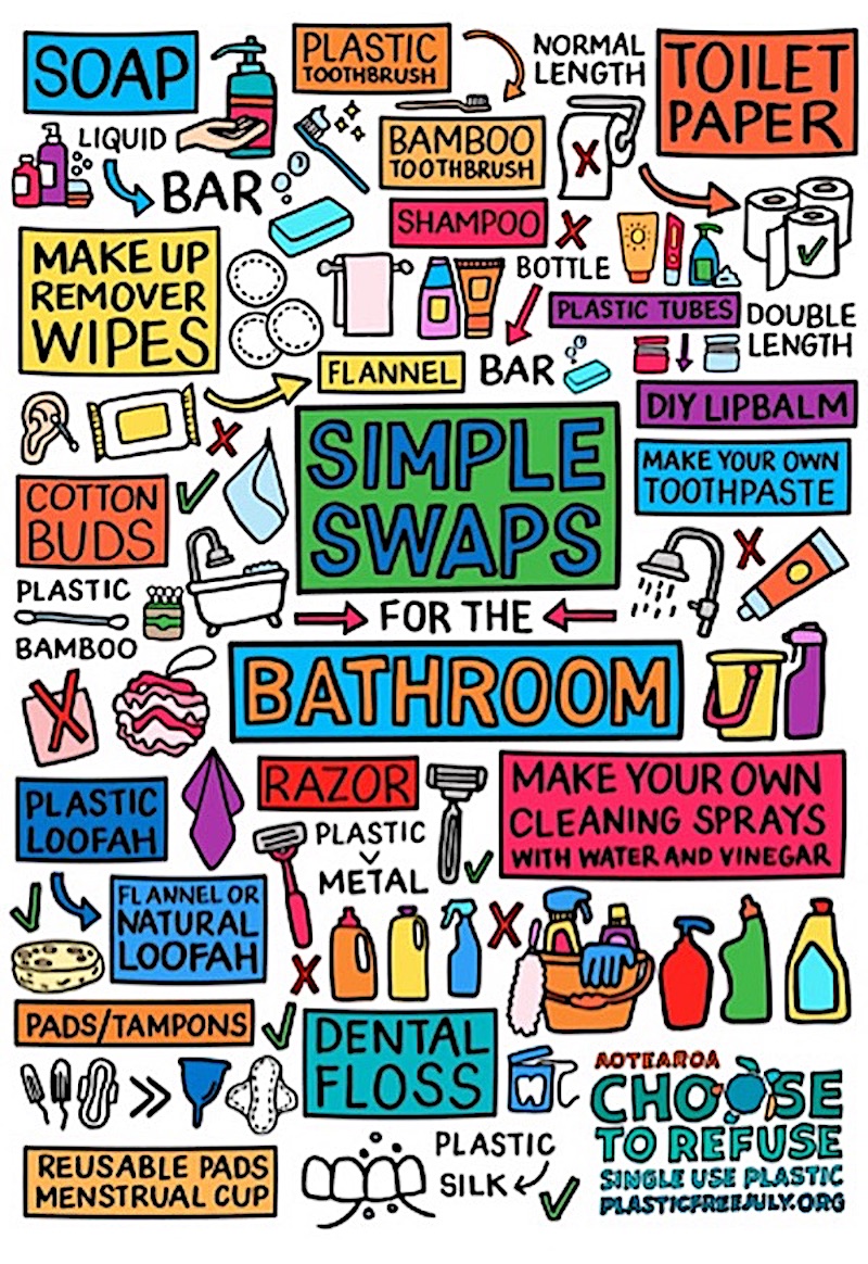 Graphic promoting simple swaps, for example: cloth rather than paper towels, bamboo rather than plastic tooth brushes, etc.