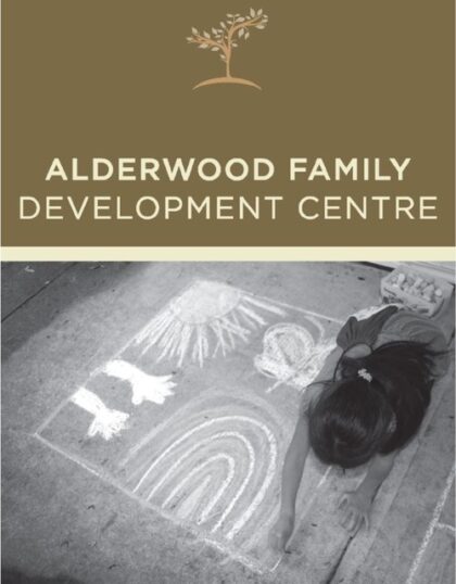 Alderwood Family Development Centre Child drawing with chalk on sidewalk-a rainbow, hands, and a sun